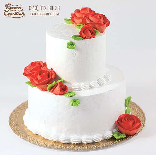 Свадебный торт «Белый с розами 2 яруса»